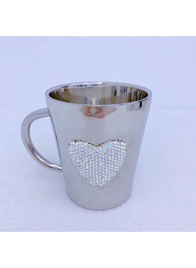 Creative Ins Diamond-encrusted Love Water Cup High-value 304 Stainless Steel Coffee Cup Portable Office Home Mug-Color:XZ9100 Diamond Love Stainless Steel Water Cup-Capacity:201-300ml