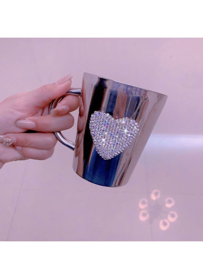 Creative Ins Diamond-encrusted Love Water Cup High-value 304 Stainless Steel Coffee Cup Portable Office Home Mug-Color:XZ9100 Diamond Love Stainless Steel Water Cup-Capacity:201-300ml