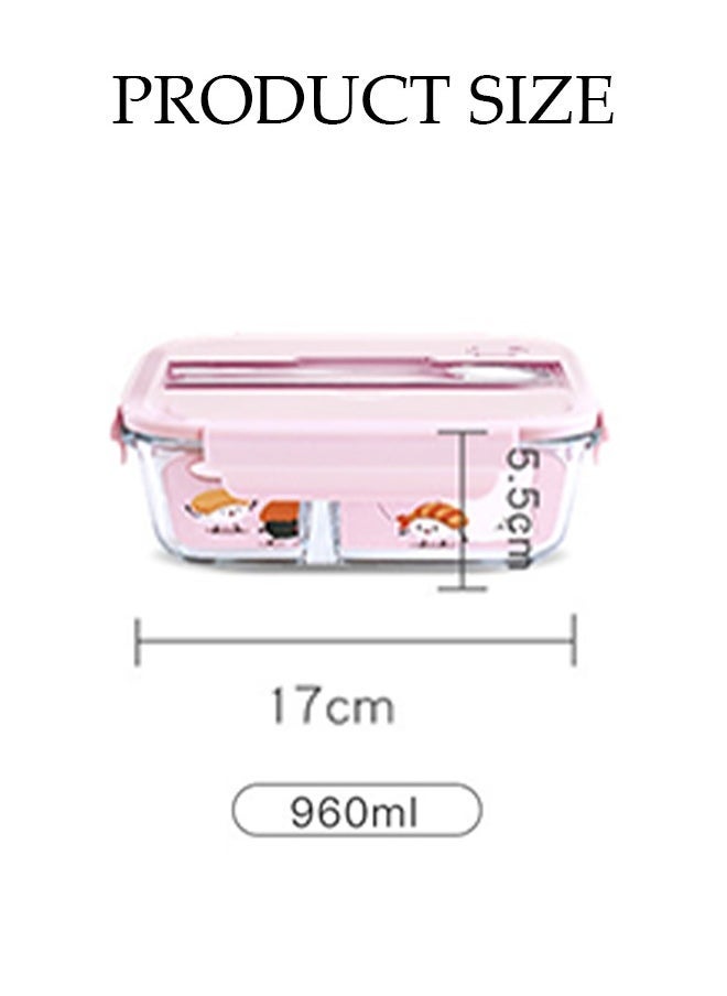 960ml glass lunch box with glass bowl, lunch box with reusable chopsticks and forks, leak proof food container for portable dining, lunch box cover can be used as a phone holder, microwave safe pink