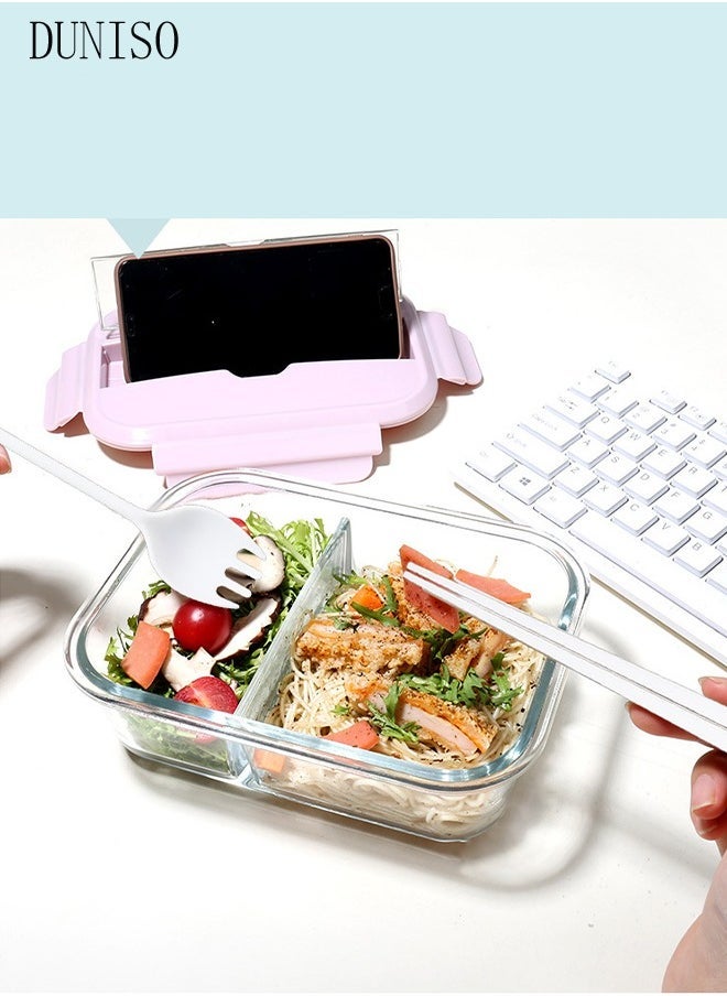 960ml glass lunch box with glass bowl, lunch box with reusable chopsticks and forks, leak proof food container for portable dining, lunch box cover can be used as a phone holder, microwave safe pink