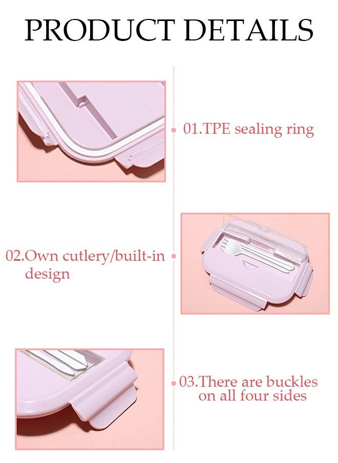 960ml glass lunch box with glass bowl, lunch box with reusable chopsticks and forks, leak proof food container for portable dining, lunch box cover can be used as a phone holder, microwave safe pink