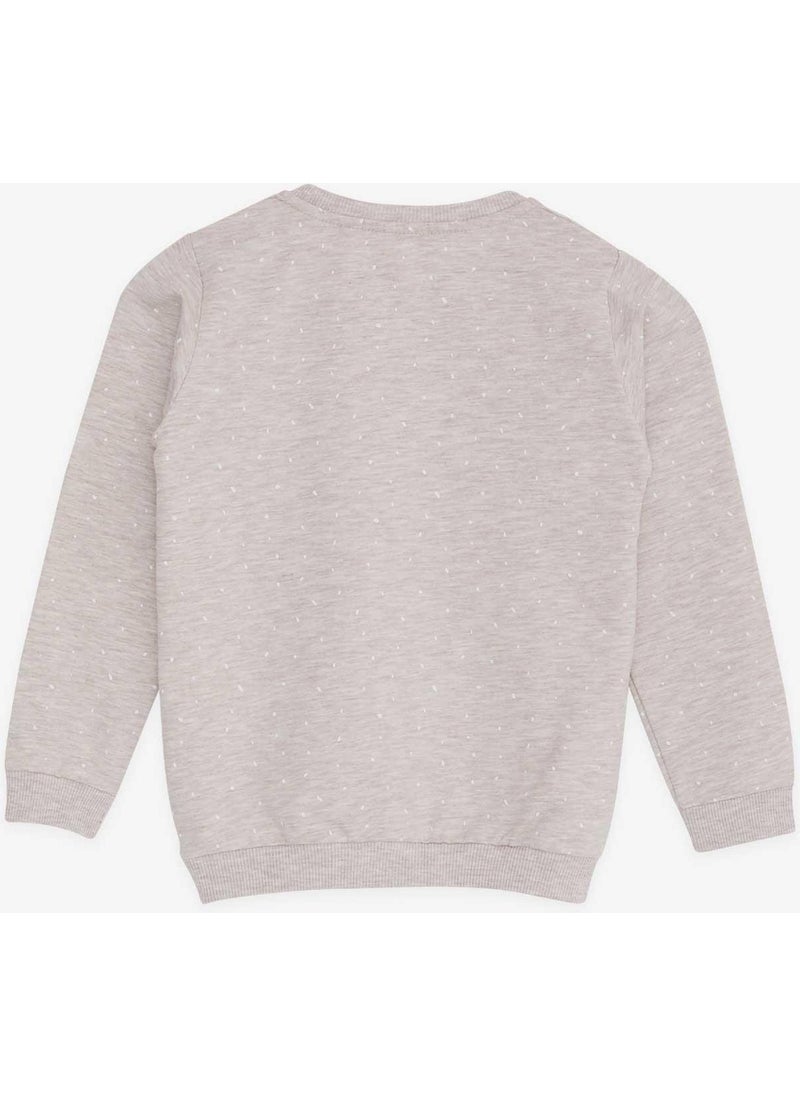 Girl's Sweatshirt with Text Printed Pattern, Age 3-7, Beige Melange