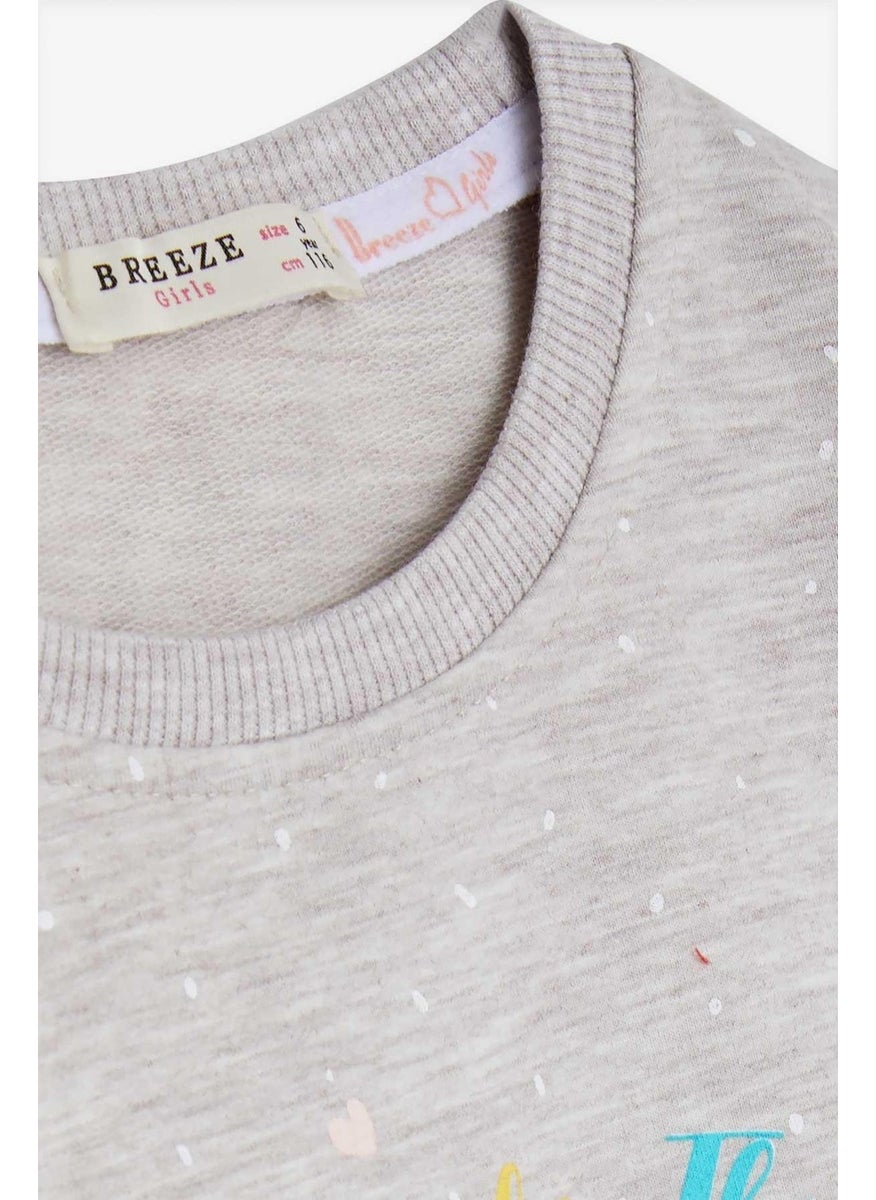 Girl's Sweatshirt with Text Printed Pattern, Age 3-7, Beige Melange
