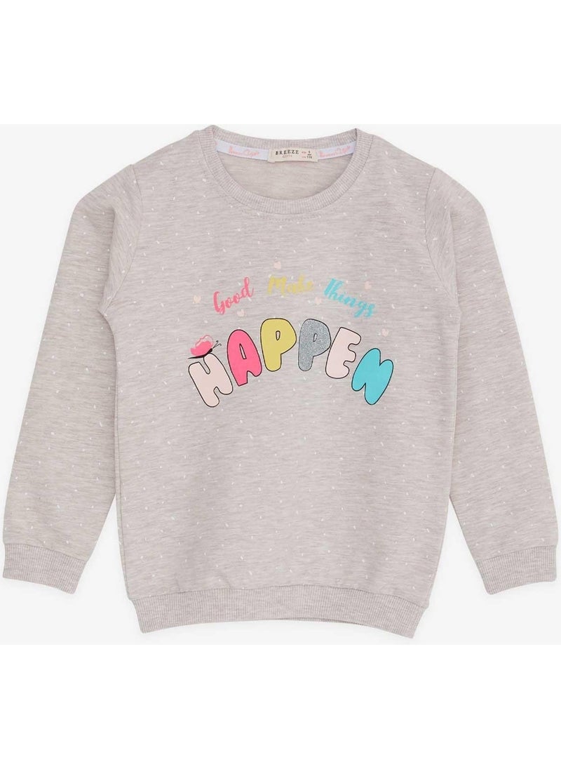Girl's Sweatshirt with Text Printed Pattern, Age 3-7, Beige Melange