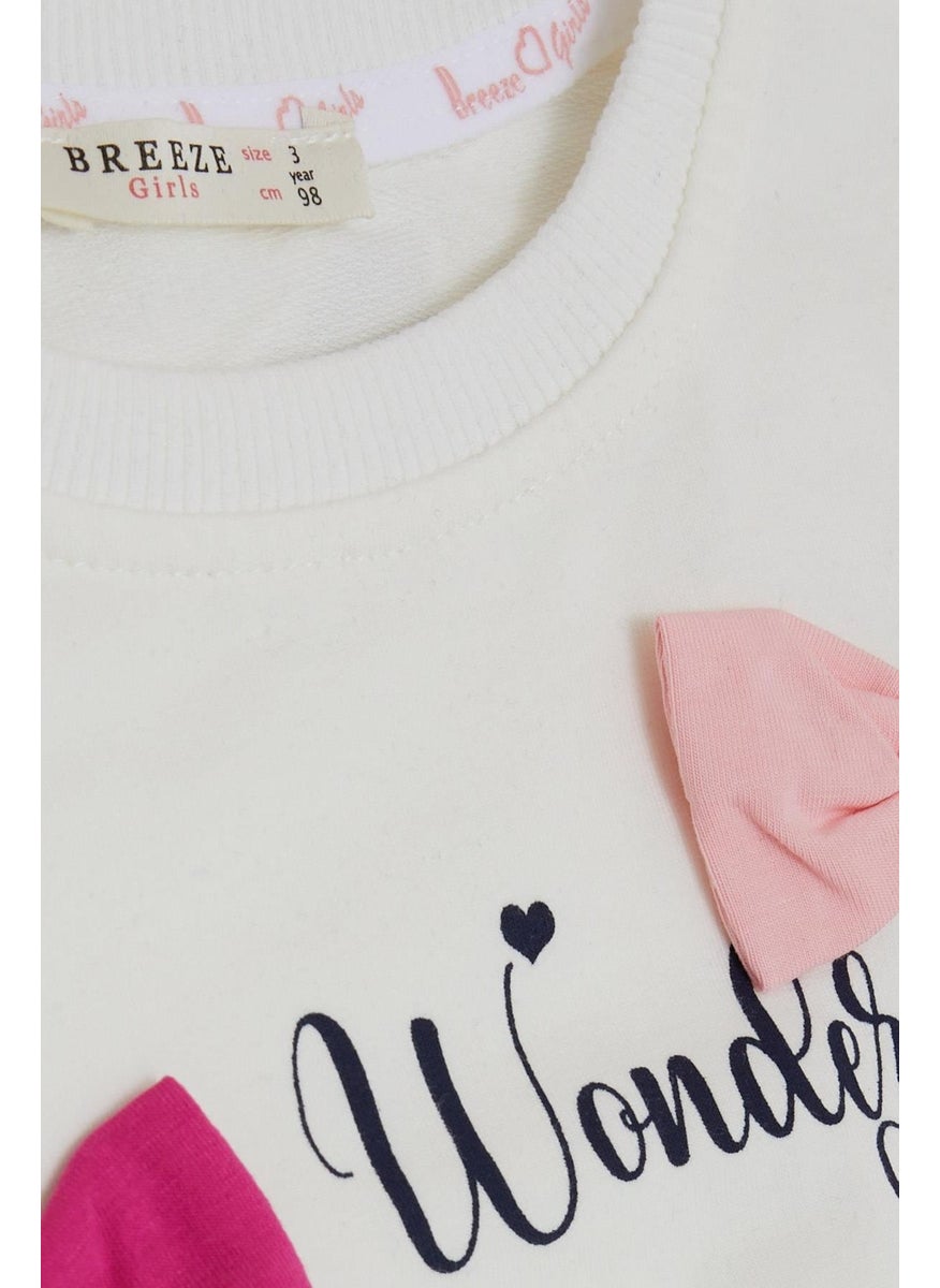 Girl's Sweatshirt Colorful Bow Accessory Text Printed Age 3-8, Ecru