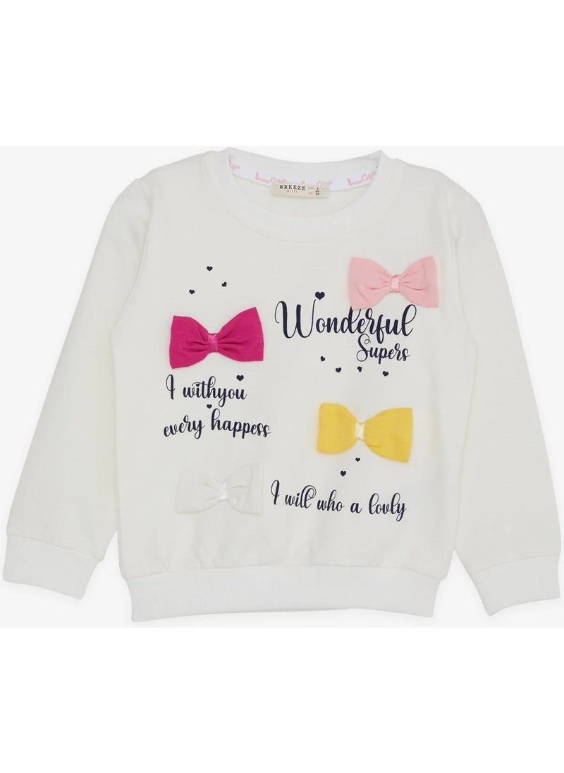 Girl's Sweatshirt Colorful Bow Accessory Text Printed Age 3-8, Ecru