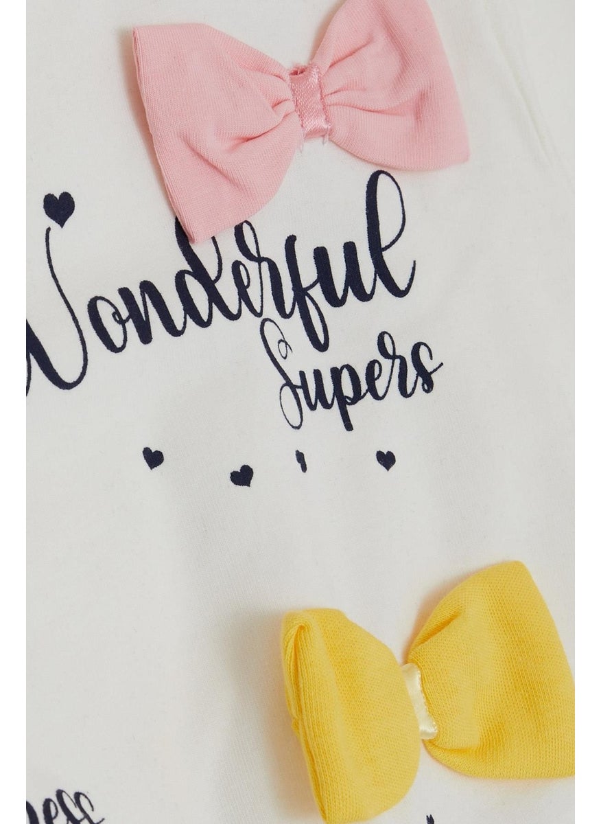 Girl's Sweatshirt Colorful Bow Accessory Text Printed Age 3-8, Ecru