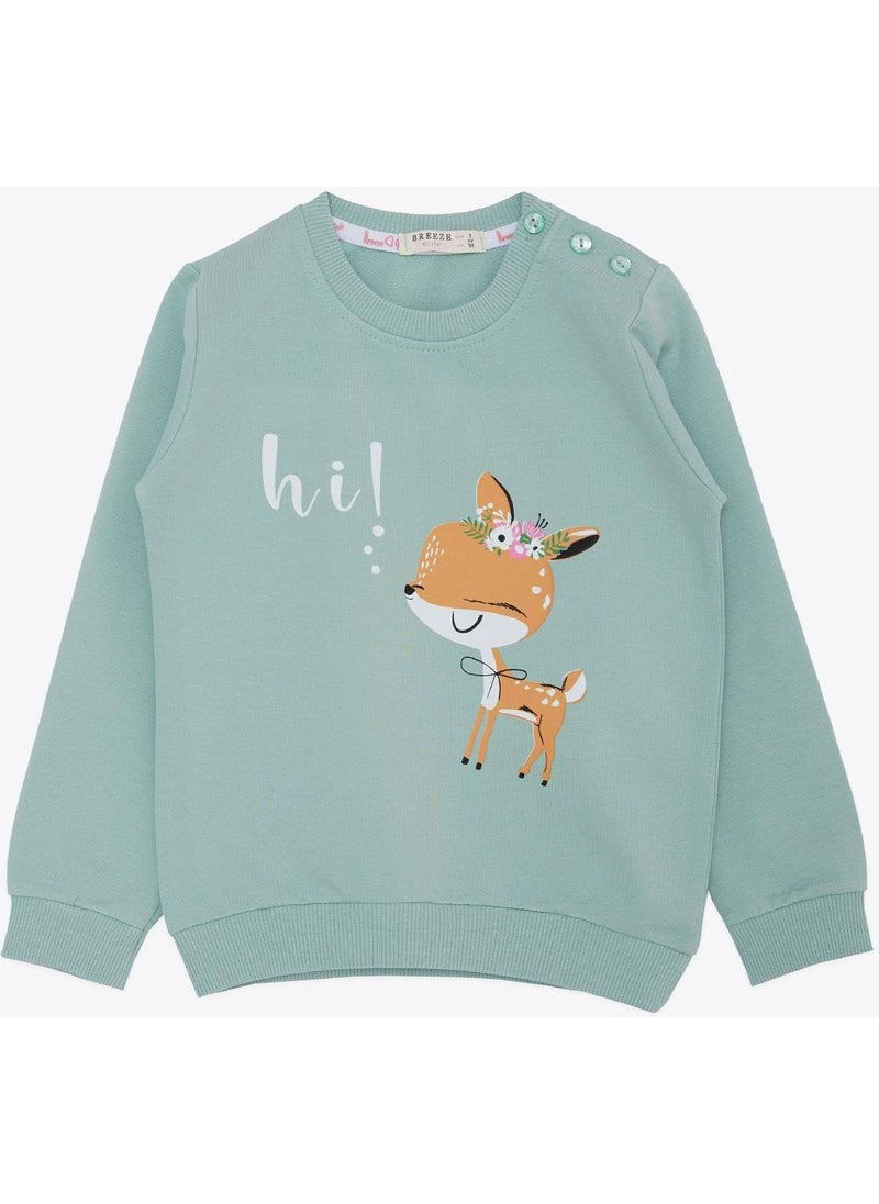 Girl's Sweatshirt, Cute Gazelle with Crown, Gazelle Printed, Age 1.5-5, Mint Green