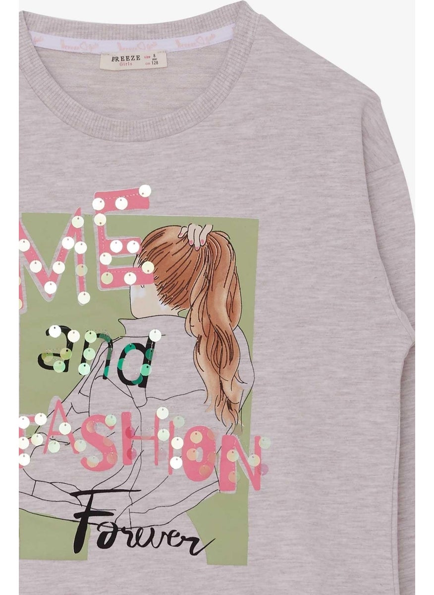 Girl's Sweatshirt Sequin Girl Printed 8-14 Years, Beige Melange