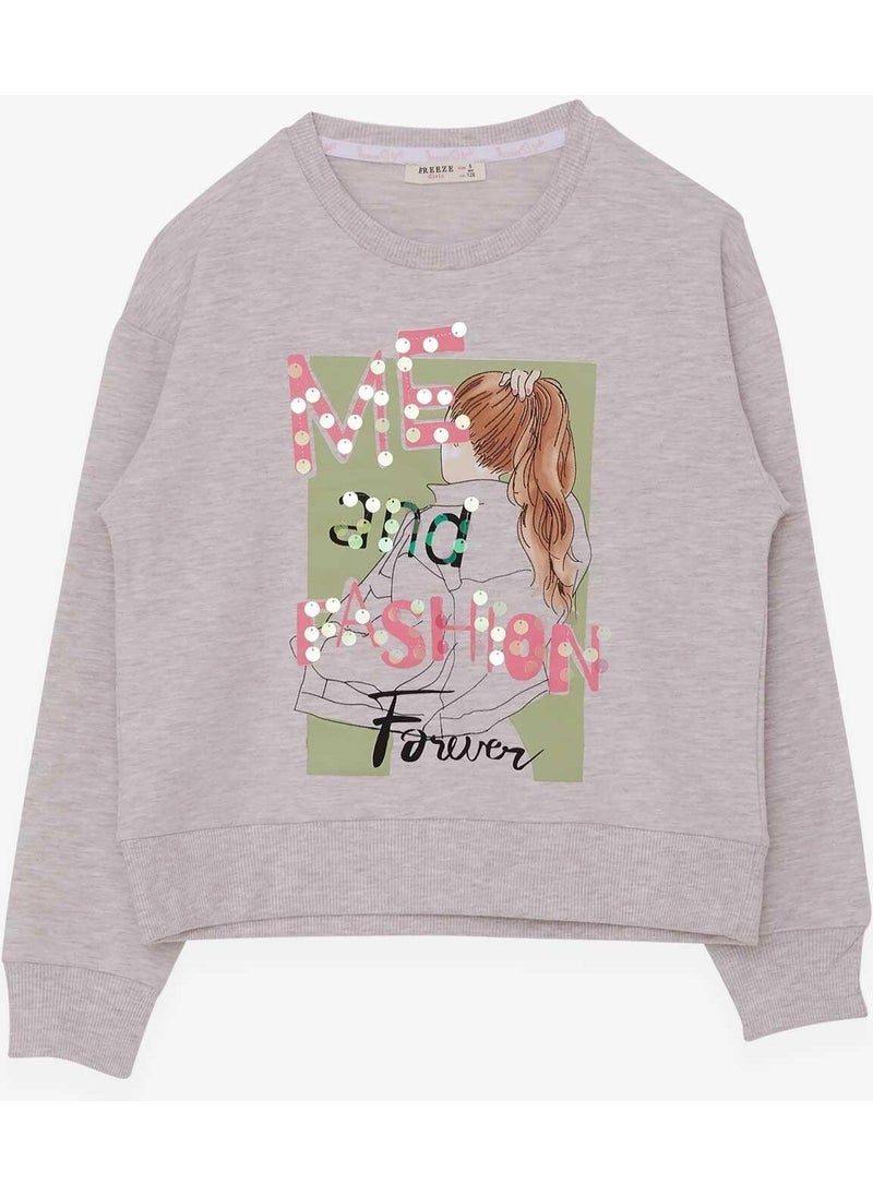 Girl's Sweatshirt Sequin Girl Printed 8-14 Years, Beige Melange