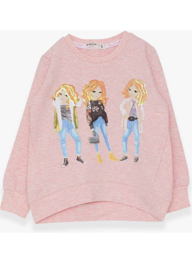 Girl's Sweatshirt Sequin Girl Printed 3-8 Years, Salmon Melange