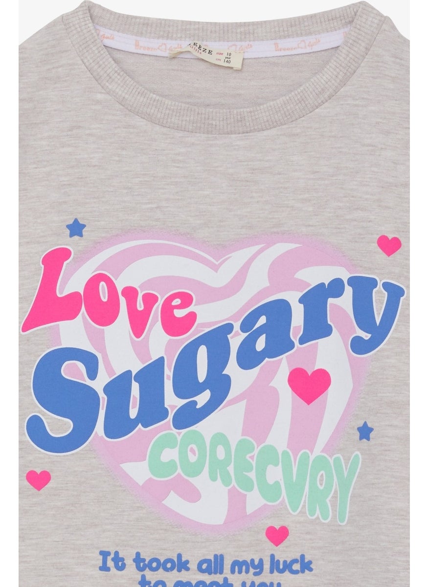 Girl's Sweatshirt with Letter Printed Slit Beige Melange (9-14 Years)