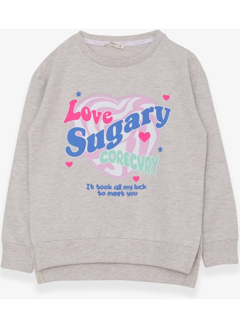 Girl's Sweatshirt with Letter Printed Slit Beige Melange (9-14 Years)