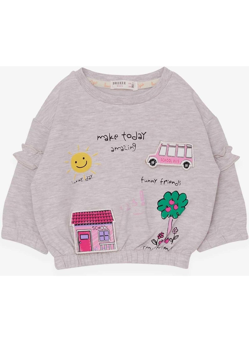 Girl's Sweatshirt School Themed 1-4 Years, Beige Melange