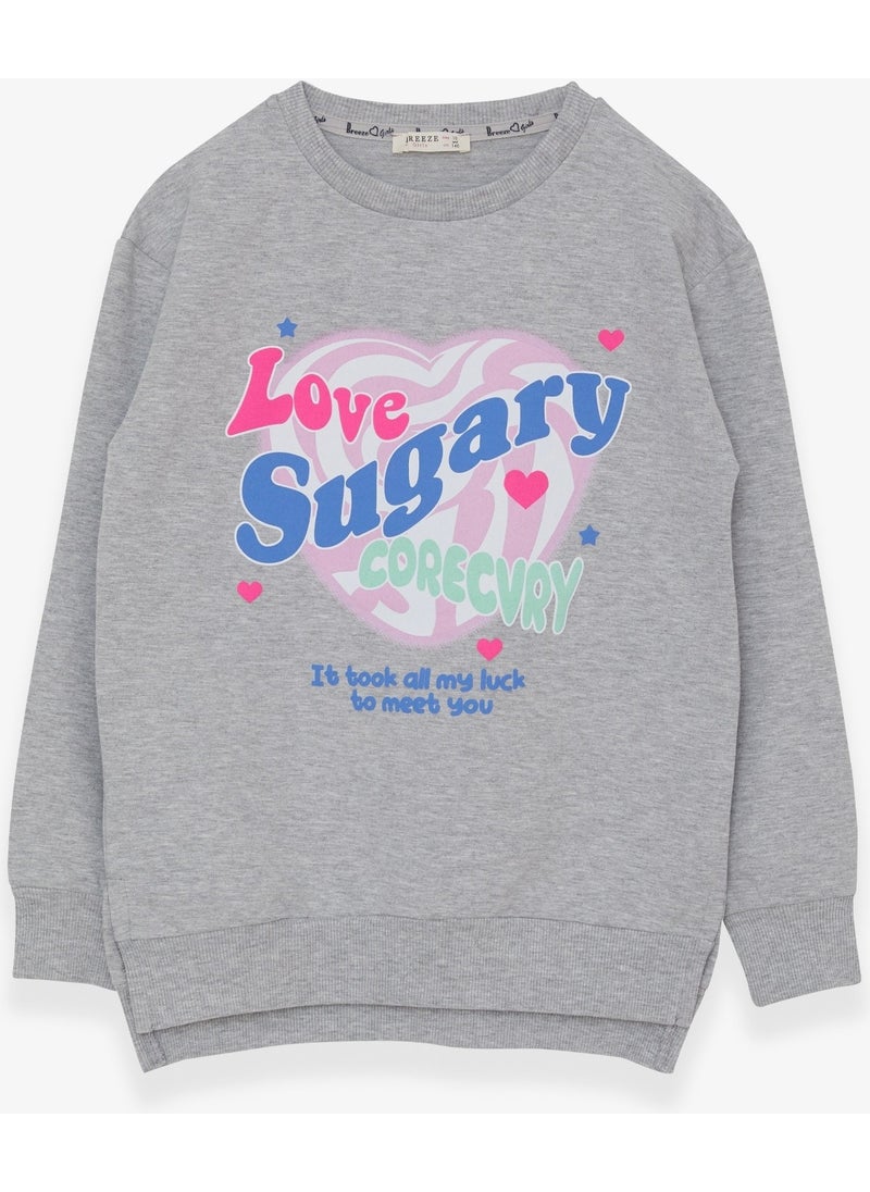 Girls` Sweatshirt with Text Printed Slit Light Gray Melange (9-14 Years)