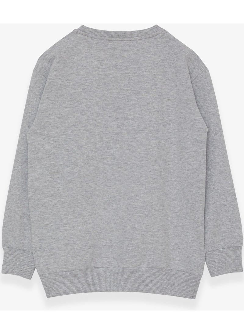 Girls` Sweatshirt with Text Printed Slit Light Gray Melange (9-14 Years)