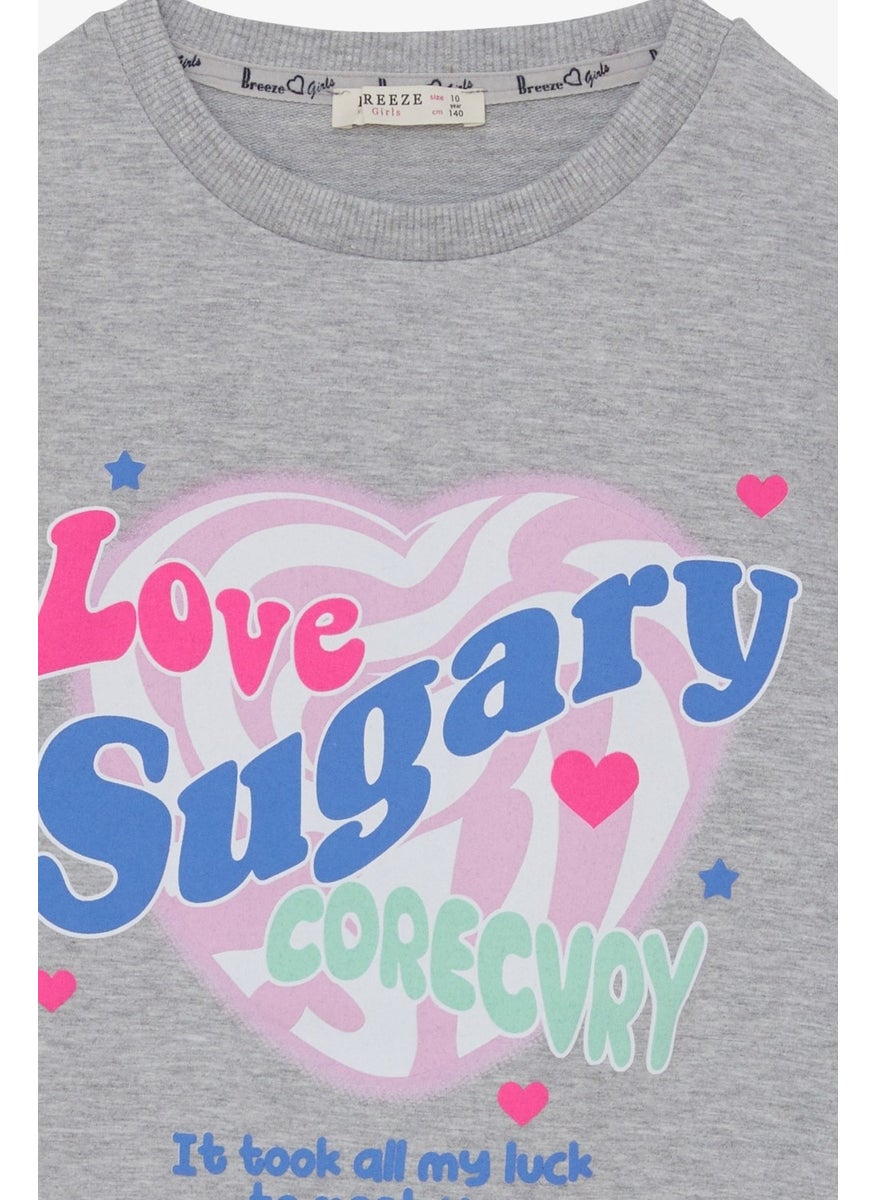 Girls` Sweatshirt with Text Printed Slit Light Gray Melange (9-14 Years)