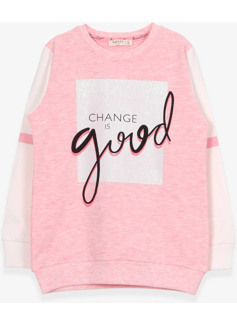 Girls' Sweatshirt with Silvery Text Printed Salmon Melange (8-14 Years)