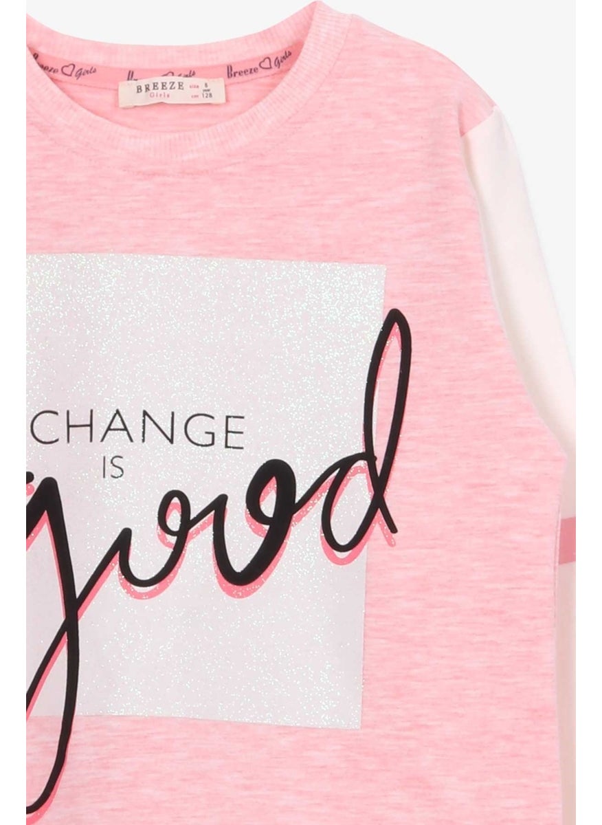 Girls' Sweatshirt with Silvery Text Printed Salmon Melange (8-14 Years)