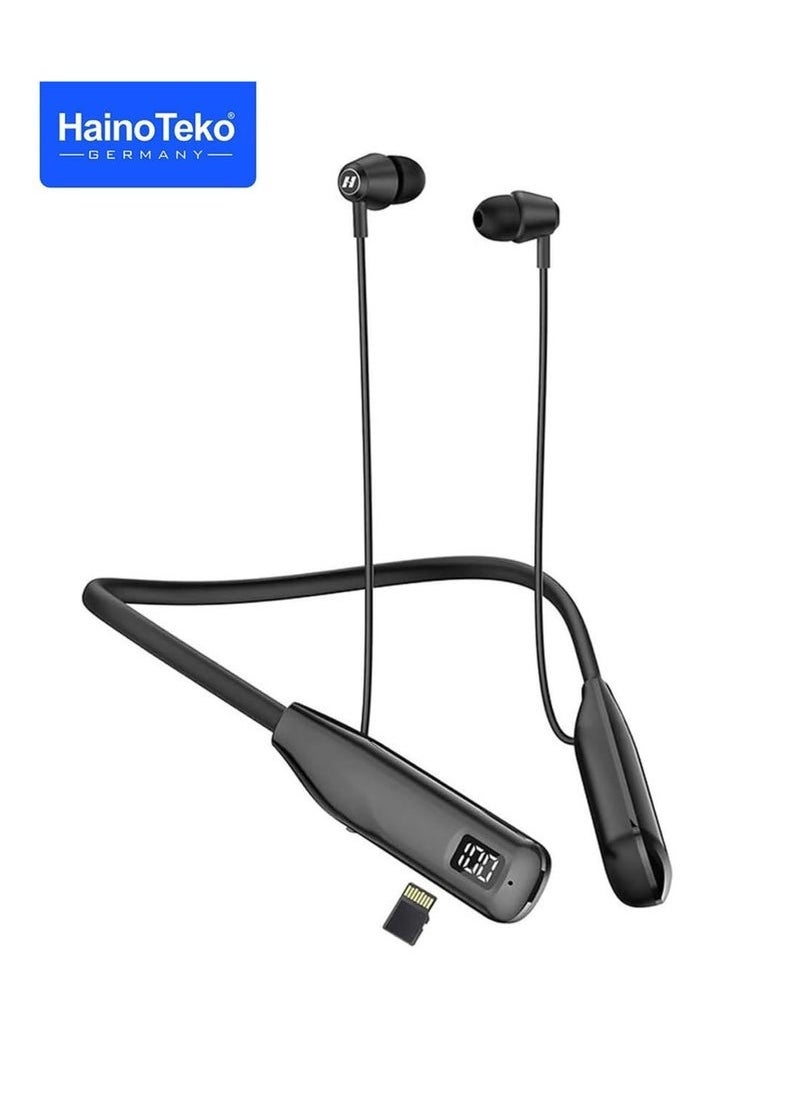 Haino Teko Germany HN110 Bluetooth Neckband Earphones – 110-Hour Playtime, High Bass Sound Quality, Super Clear Mic, TF Card Support, Bluetooth 5.3, Ergonomic Design,