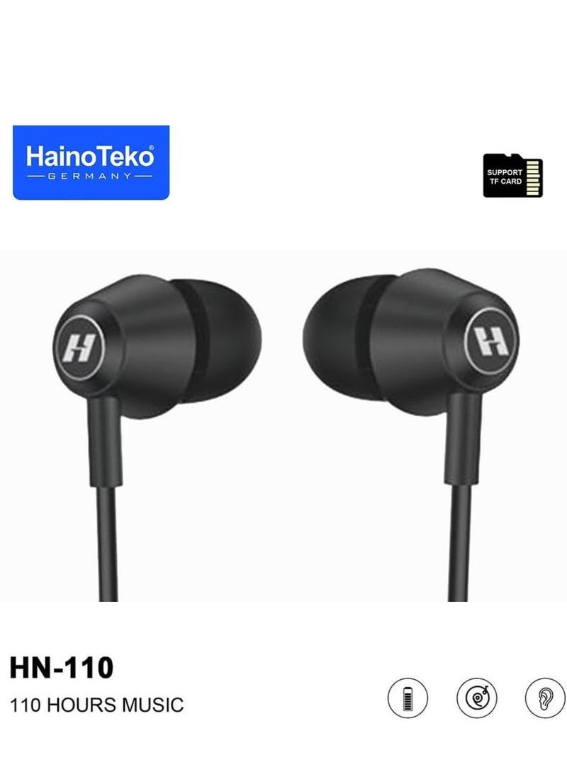 Haino Teko Germany HN110 Bluetooth Neckband Earphones – 110-Hour Playtime, High Bass Sound Quality, Super Clear Mic, TF Card Support, Bluetooth 5.3, Ergonomic Design,