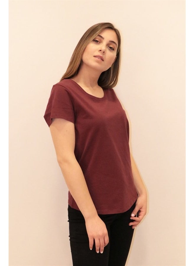 Women's Claret Red Crew Neck Basic T-Shirt
