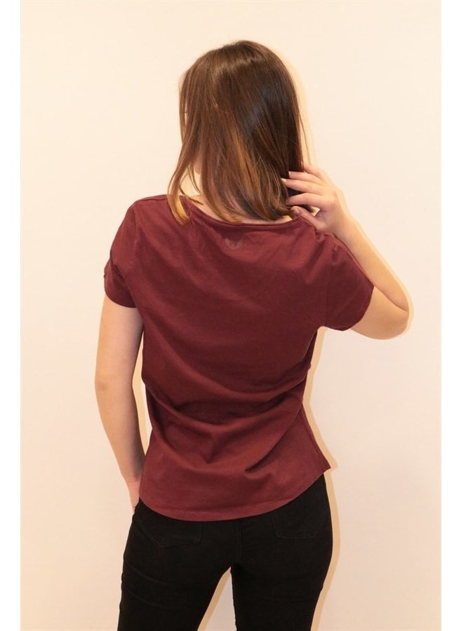Women's Claret Red Crew Neck Basic T-Shirt