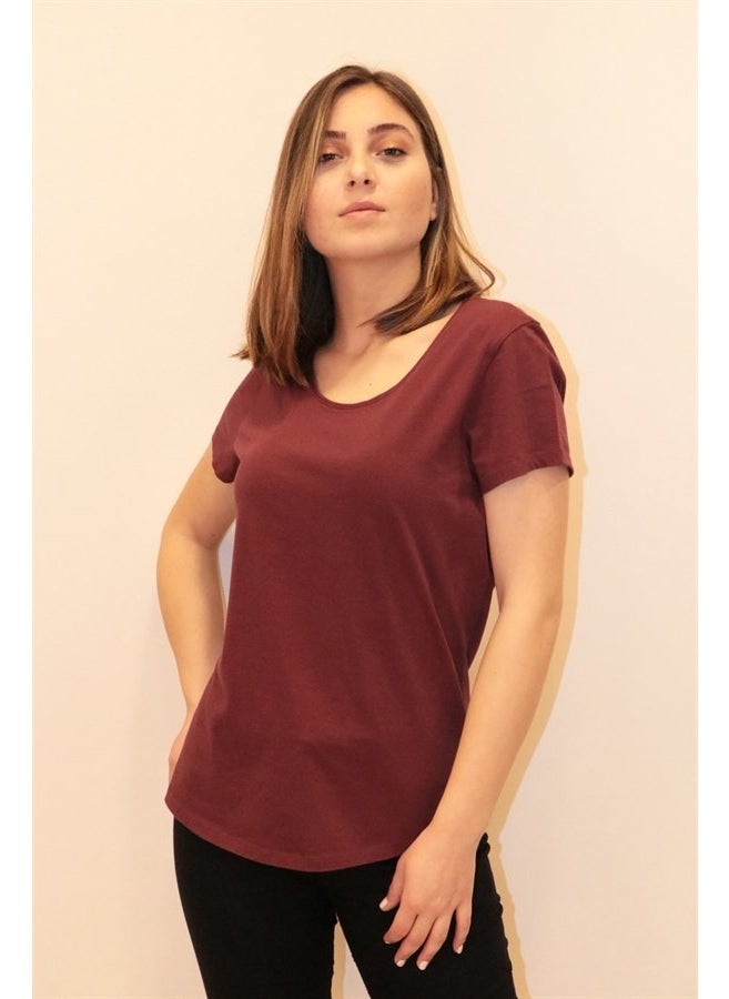 Women's Claret Red Crew Neck Basic T-Shirt