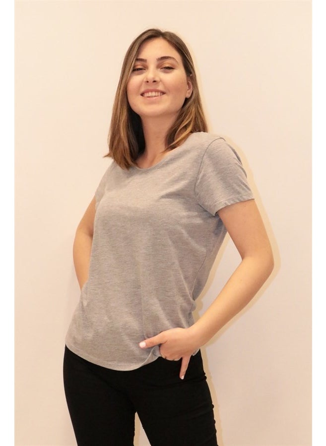 Women's Grey Melange Crew Neck Basic T-Shirt