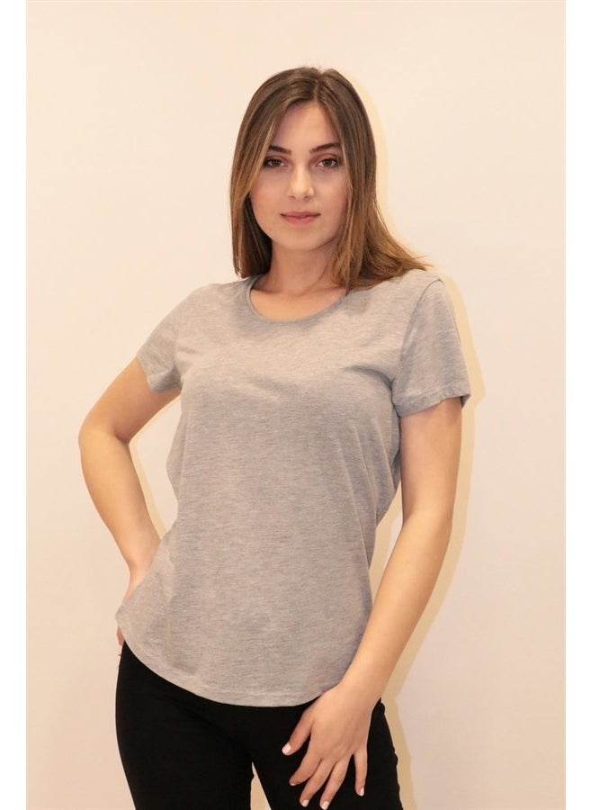 Women's Grey Melange Crew Neck Basic T-Shirt