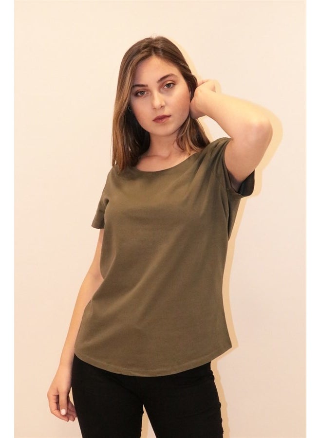 Women's Khaki Crew Neck Basic T-Shirt