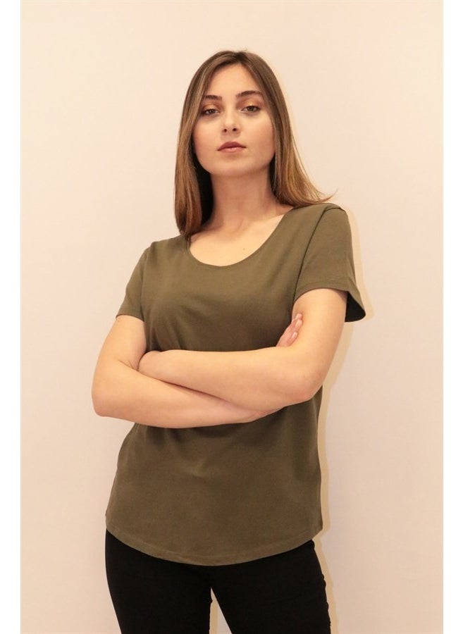 Women's Khaki Crew Neck Basic T-Shirt