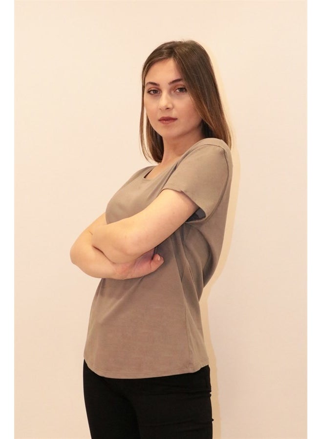 Women's Brown Crew Neck Basic T-Shirt
