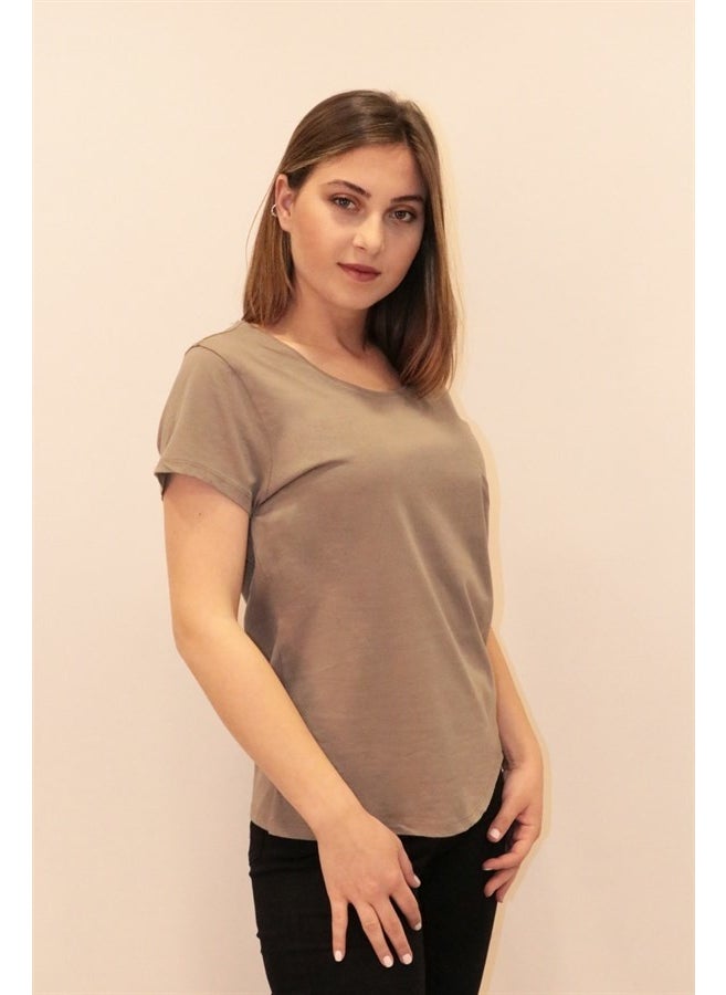 Women's Brown Crew Neck Basic T-Shirt