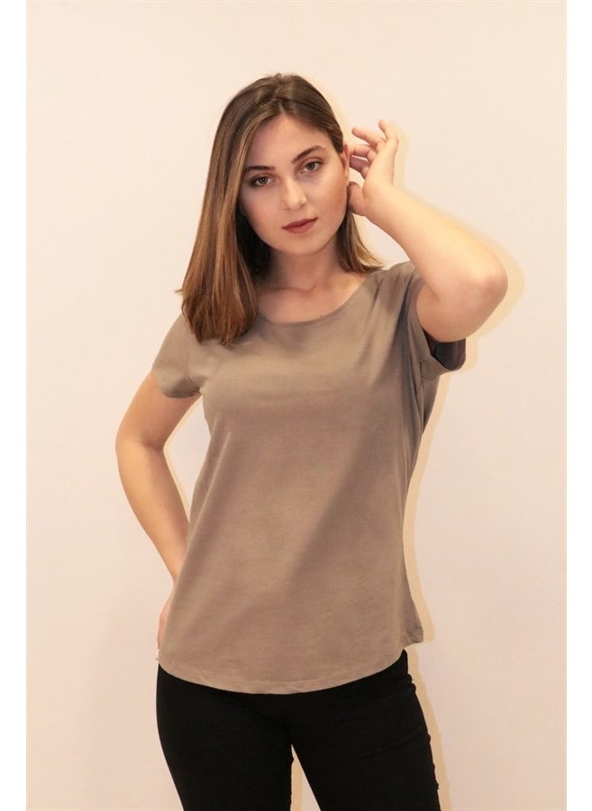 Women's Brown Crew Neck Basic T-Shirt