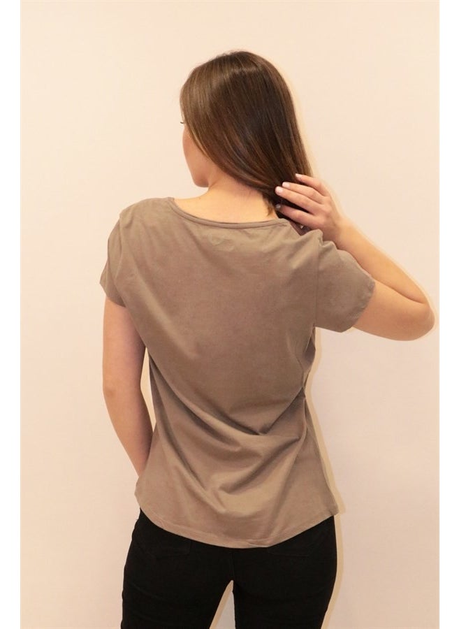 Women's Brown Crew Neck Basic T-Shirt