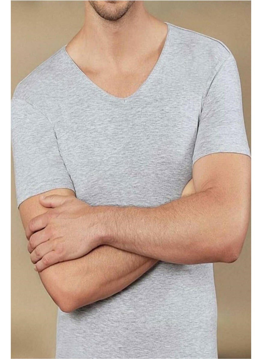 712 Deep V Neck Short Sleeve Lycra T-Shirt - Gray