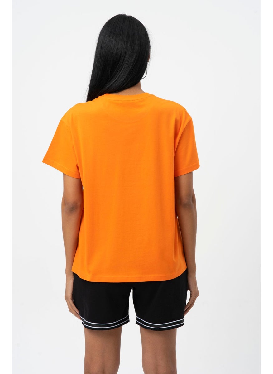 Orange Crew Neck Printed Short Sleeve Women's T-Shirt W50061