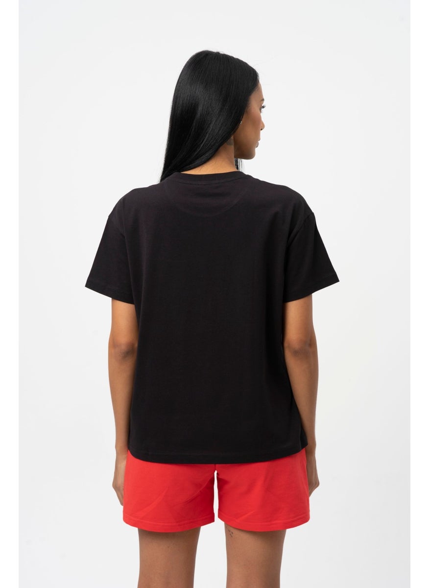 Black Printed Crew Neck Short Sleeve Women's T-shirt W50063