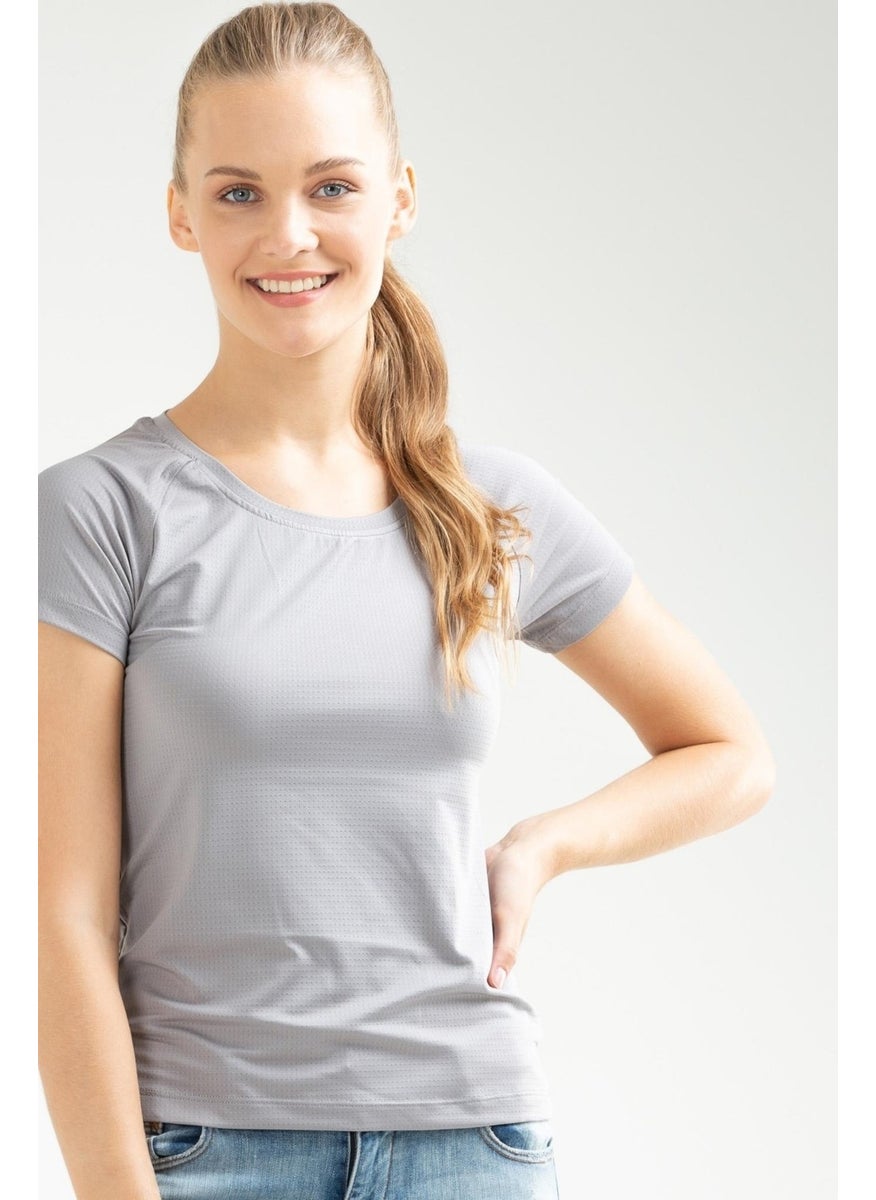 Gray Gray Slim Fit Knitted Pattern Lycra O Neck Short Sleeve Women's T-Shirt