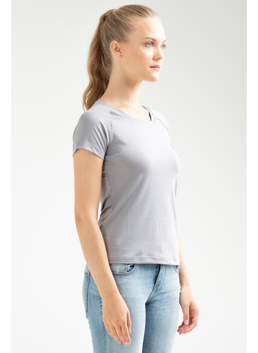 Gray Gray Slim Fit Knitted Pattern Lycra O Neck Short Sleeve Women's T-Shirt