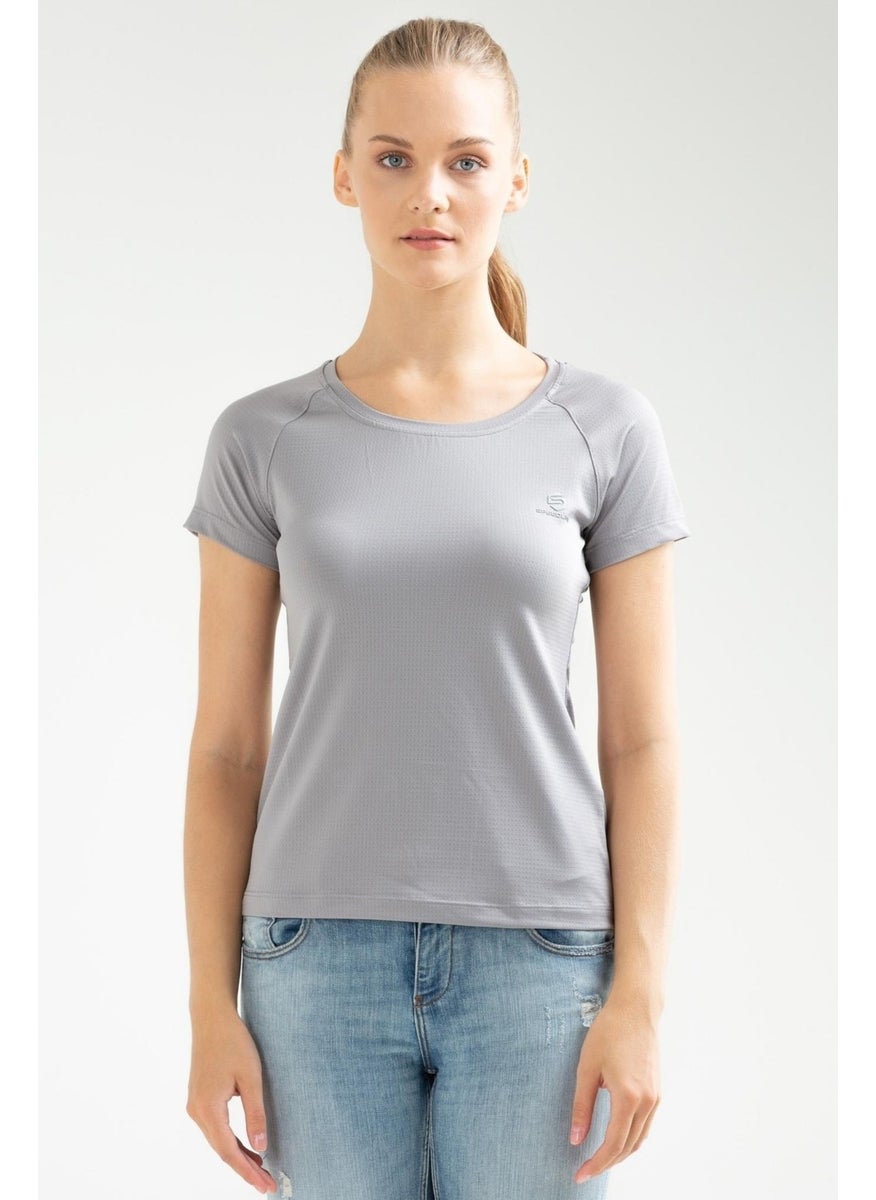 Gray Gray Slim Fit Knitted Pattern Lycra O Neck Short Sleeve Women's T-Shirt