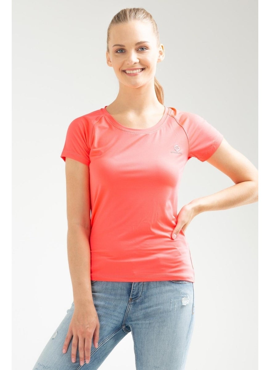 Pink Fuchsia Slim Fit Knitted Pattern Lycra O Neck Short Sleeve Women's T-Shirt