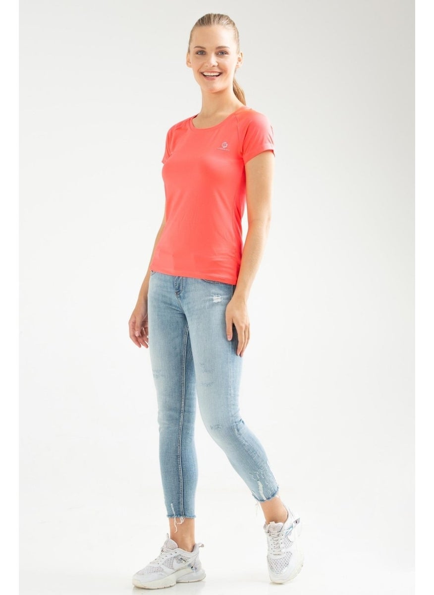 Pink Fuchsia Slim Fit Knitted Pattern Lycra O Neck Short Sleeve Women's T-Shirt