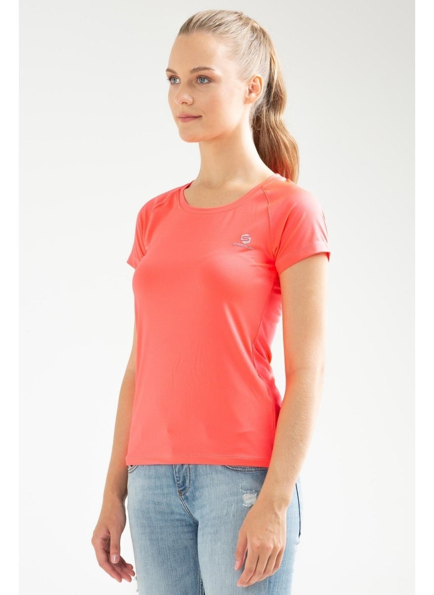 Pink Fuchsia Slim Fit Knitted Pattern Lycra O Neck Short Sleeve Women's T-Shirt