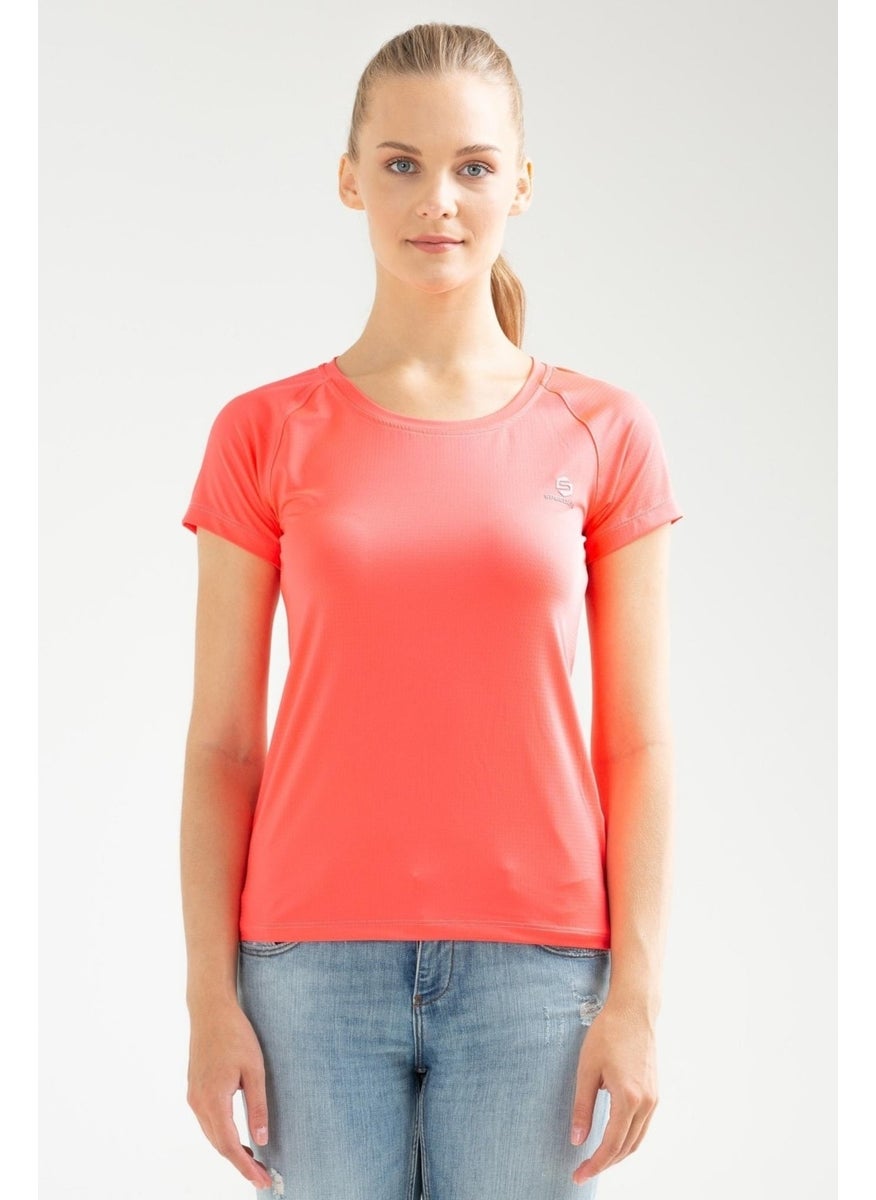 Pink Fuchsia Slim Fit Knitted Pattern Lycra O Neck Short Sleeve Women's T-Shirt