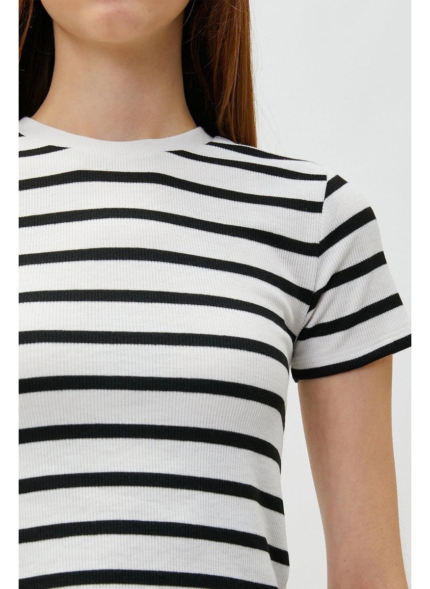 Women's White-Black Crew Neck Striped Short Sleeve Full Lycra Ribbed T-Shirt