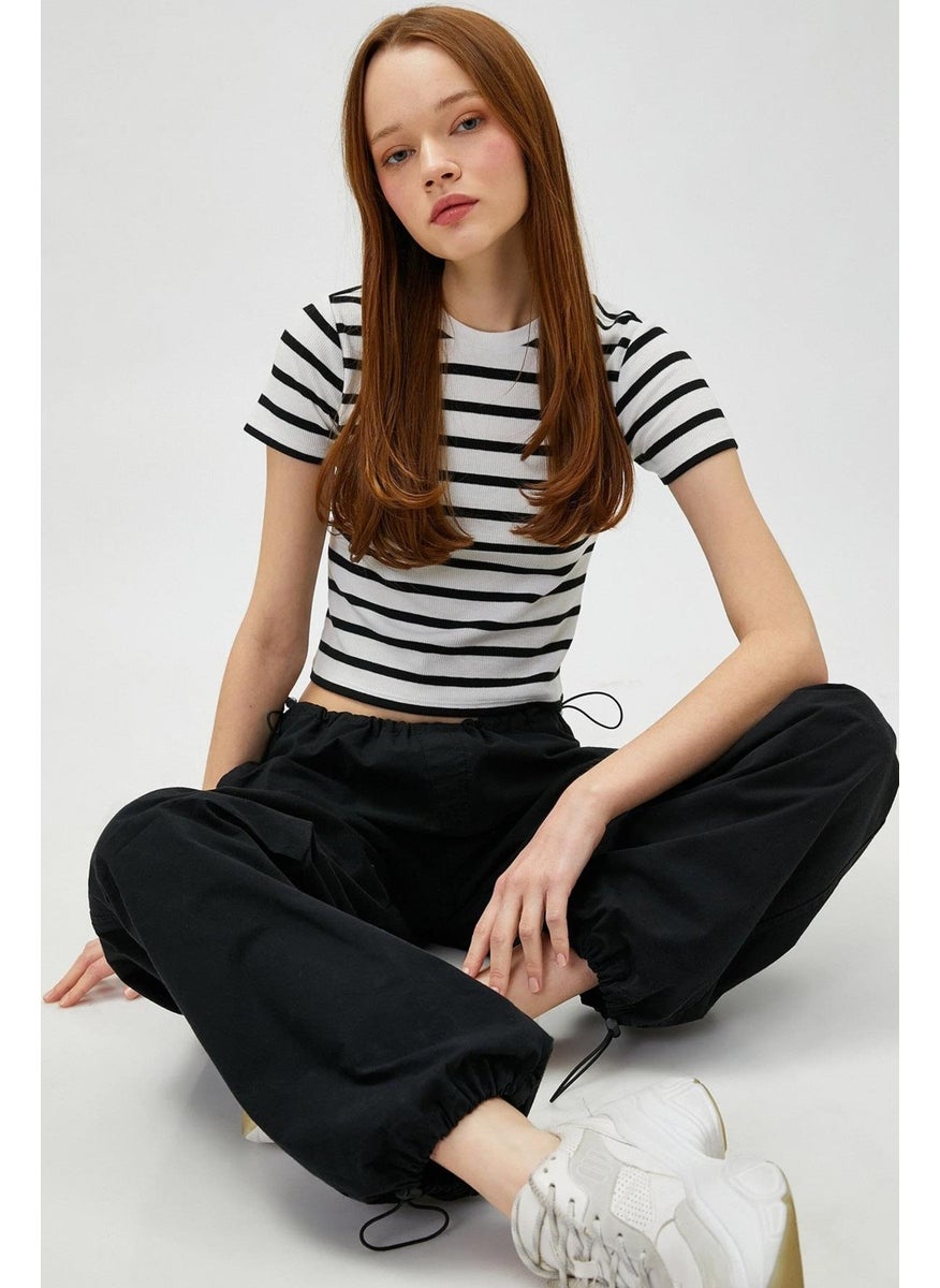 Women's White-Black Crew Neck Striped Short Sleeve Full Lycra Ribbed T-Shirt