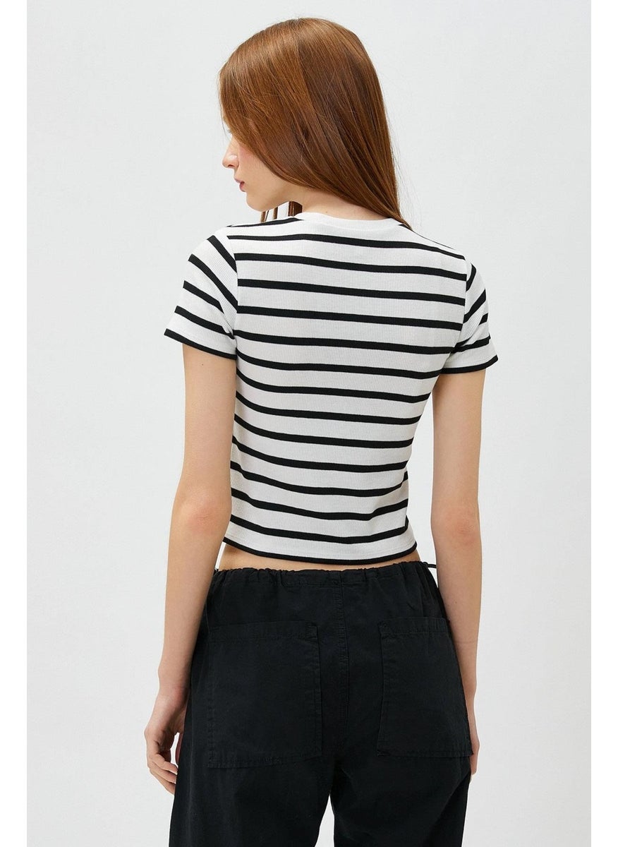 Women's White-Black Crew Neck Striped Short Sleeve Full Lycra Ribbed T-Shirt