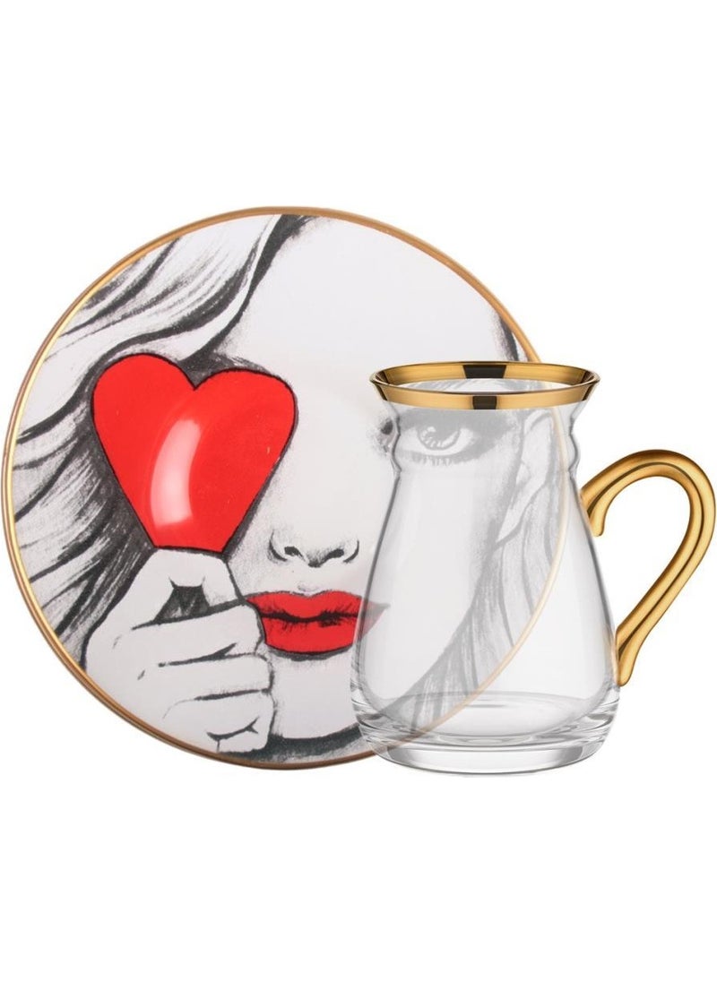 Red Lady Handled Tea Set for 6 People